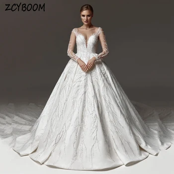  Роскошное свадебное платье с длинными рукавами и круглым вырезом, расшитое блестками, Бальное платье 2024 года, длина до пола, стреловидный шлейф, Свадебное платье на молнии на заказ