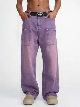  Винтажные фиолетовые джинсы с градиентом для мужчин, застиранные джинсы с карманом, мужские джинсы Y2k, свободные брюки с прямыми штанинами
