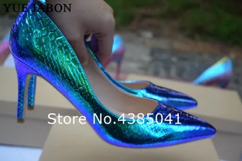  YUE JABON/ Новые свадебные туфли со змеиным принтом, большие размеры 35-43, пикантные синие туфли-лодочки на высоком каблуке с острым носком, женская обувь, Офисные модельные туфли
