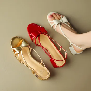  Винно-красные кожаные женские босоножки с милым бантом, повседневная летняя обувь французского дизайна, бежевые женские сандалии на квадратном каблуке