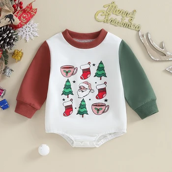  Рождественские Наряды для маленьких мальчиков и девочек, толстовка с рождественским принтом, комбинезон с длинными рукавами, милая одежда для младенцев