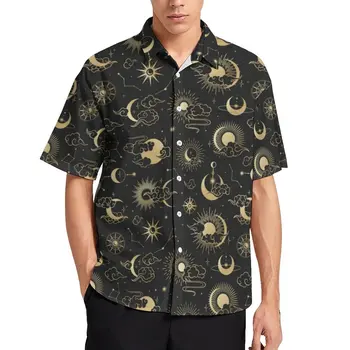  Черно-золотая пляжная рубашка с Луной, мужская Звезда, Солнце, Астрология, Повседневные рубашки, Гавайи, короткие рукава, Графические Модные блузки большого размера