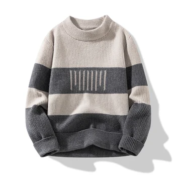  Осень-Зима 2023, Новый Полосатый свитер, Модный бренд, Модный трикотаж, Мужская Приталенная Универсальная нижняя рубашка, Повседневный пуловер, топ