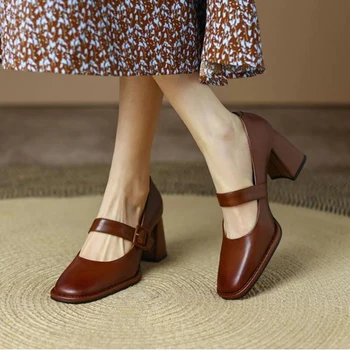  Французская новые женские квадратный носок неглубокие насосы дамы офис ПР работе Мэри Джейн пряжка ремень элегантные толстые каблуки кожаные туфли новые