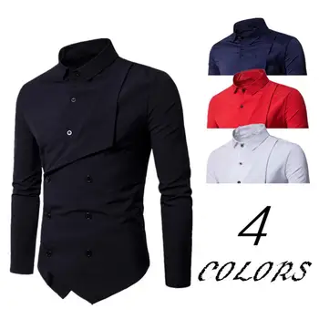  Мужская осенне-зимняя однотонная рубашка шеф-повара с двубортным отворотом, поддельный дизайн из двух частей, Приталенная рабочая рубашка, рабочая одежда, мужская одежда