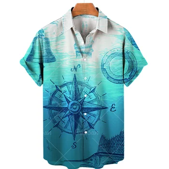  Новая мужская гавайская рубашка унисекс в стиле ретро, рубашка размера плюс, парусник, компас, Морской 3D принт, мужская рубашка в стиле ретро, Свободный короткий рукав
