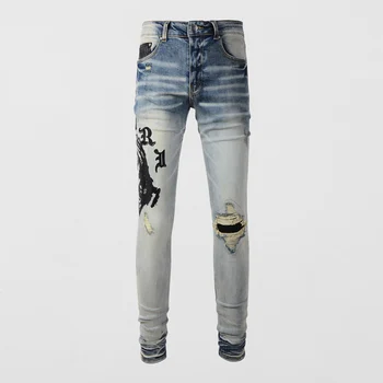  Модные мужские джинсы в стиле Ретро, синие, стрейчевые, Приталенные, Рваные Джинсы, Мужские Брендовые нашивки с вышивкой, дизайнерские брюки в стиле хип-хоп, Hombre