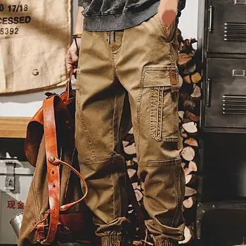  Мужские брюки-карго, однотонные мужские брюки с эластичной резинкой на талии, свободные, с множеством карманов, завязывающихся на щиколотке, Рабочие брюки для повседневной носки