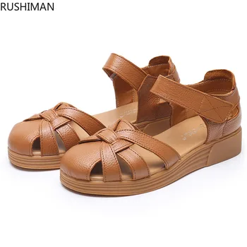  Rushiman кожаная мягкая подошва удобная женская обувь на нескользящей плоской подошве обувь среднего возраста с дырками для пожилых людей Baotou женские сандалии