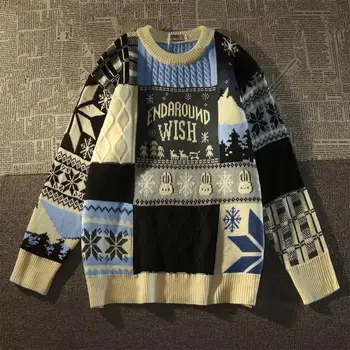  Мужской свитер с твист-текстурой, мужской трикотаж с рождественским принтом в виде снежинок, утолщенный свитер с круглым вырезом, свободный пуловер на осень