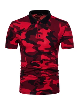  Мужские рубашки для гольфа с воротником, повседневные топы с коротким рукавом и камуфляжным принтом, пуговицы спереди, классическая посадка, летние пляжные футболки, красные, большие размеры