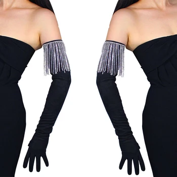  Женские черные замшевые перчатки DooWay длиной 70 см со сверкающим льдом, украшенным стразами, свисающей бахромой, свадебная вечеринка, танцевальная перчатка