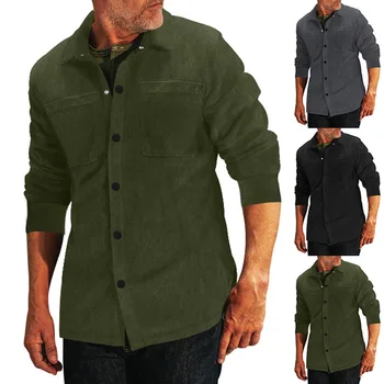  Весна и осень 2024, Новая мужская рубашка из вельвета с длинными рукавами, повседневная рубашка с откидным воротником и карманом, пальто