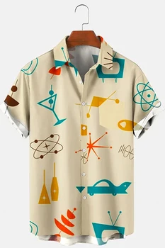  Новая мужская повседневная рубашка с геометрическим рисунком, топ с коротким рукавом, 3D нашивка, повседневная одежда 2023, Гавайская мужская уличная социальная рубашка