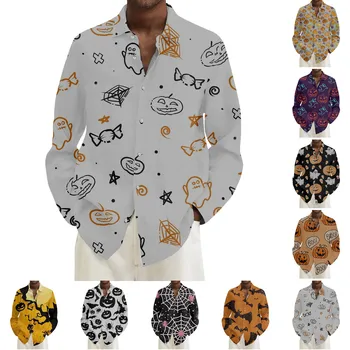  Мужская рубашка с длинным рукавом и отворотом с принтом на Хэллоуин, Мужские Топы, Футболки с коротким рукавом Для Мужчин, Топы Y2k, Мужская Одежда, Рубашки Для мужчин
