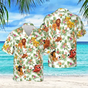  Гавайская рубашка Disney The Lion King Simba, мужская Летняя рубашка с коротким рукавом и пуговицами, Повседневные пляжные рубашки, Гавайские рубашки, топы