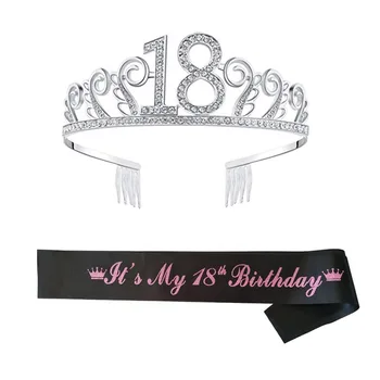  Диадема на 80-й день рождения, корона, пояс, блестящий металлический головной убор, украшения из розового атласа, топпер для торта на 60-й день рождения