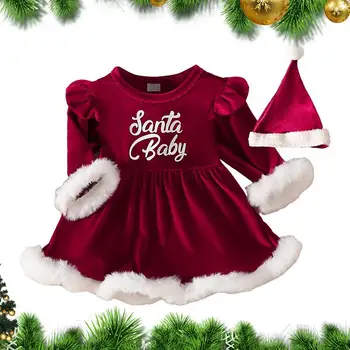  Рождественское красное платье для маленьких девочек с длинными рукавами и шляпой, милый рождественский наряд