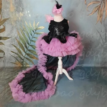  Черное платье с цветочным узором и аппликацией без рукавов с розовым бантом, подарок для причастия на День рождения ребенка, Вечернее платье для крещения