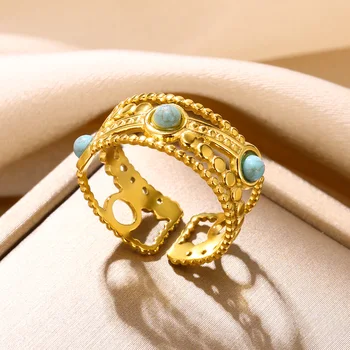  Кольцо из нержавеющей стали Искусственного Бирюзово-зеленого цвета, Пара колец для женщин, широкое кольцо с позолотой 18 карат, богемные этнические украшения, подарки