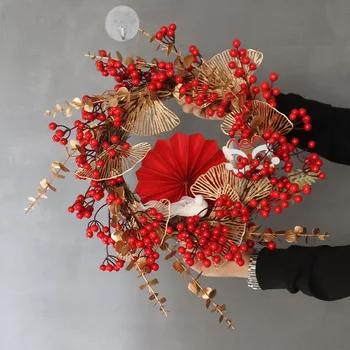 Календарные украшения на Китайский Новый Год 2024, Венок из красных ягод со светодиодной подсветкой, Цветочная Гирлянда для оформления Весеннего фестиваля у входной двери