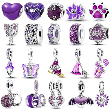  Серебро 925 пробы Фиолетовой серии Scorpio Witches Demon Love Heart Подходит для оригинального браслета Pandora, ожерелья-шарма, бусин для изготовления ювелирных изделий
