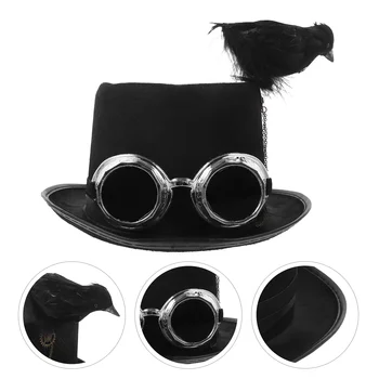  Шляпа с защитными очками и декором в виде Вороны, черная шляпа, аксессуары для костюмов в стиле стимпанк, реквизит для мужчин