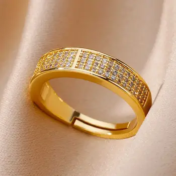  Женские кольца с геометрическим рисунком из циркона, регулируемое кольцо из нержавеющей стали с позолотой, роскошный свадебный ювелирный подарок Корейской модной паре