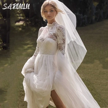  Элегантное свадебное платье трапециевидной формы с длинным рукавом и круглым вырезом, классическая иллюзия, кружевное тюлевое свадебное платье для новобрачных, платья для новобрачных robe de mariée