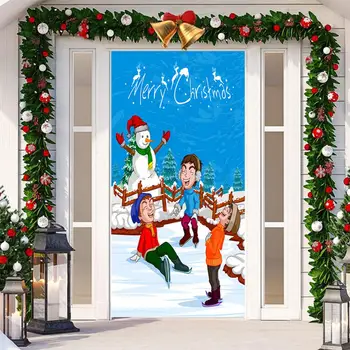  Рождественский дверной декор Праздничная Рождественская дверная крышка Санта-Клаус Снеговик Фон для украшения входной двери дома Моющийся многоразовый