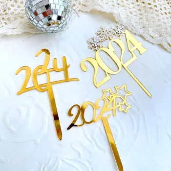  Стабильно 2024 Новогодний Топпер для торта Прочные Акриловые Золотые Украшения для торта Многоразового использования Праздничный Топпер для Кексов Десерт