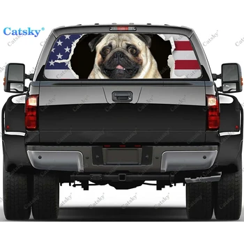  Наклейка на заднее стекло автомобиля с изображением собаки с американским флагом, наклейка на лобовое стекло, наклейка на заднее стекло грузовика, Универсальная перфорированная виниловая графика