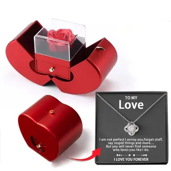  Открывающаяся коробка для хранения в форме яблока с красной розой и ювелирным ожерельем на День Святого Валентина, День матери, Юбилей, подарки на День рождения