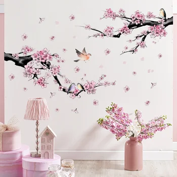  Романтический декор стен с изображением рогоносца, наклейки на стены, креативное цветущее персиковое дерево, пасторальные наклейки на стены, поэтические обои для дома