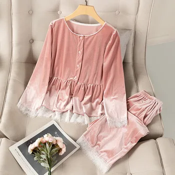  Осенне-зимний Бархатный Пижамный комплект из 2 предметов, женская пижама, сексуальная Розовая пижама с кружевной отделкой, женская Свободная Повседневная домашняя одежда, одежда для отдыха