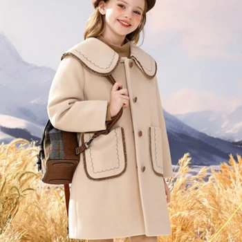  Шерстяное пальто для девочек, куртка Windbreak 2023, бежевая теплая утепленная зимняя хлопковая одежда для вечеринки, большие размеры, детская одежда