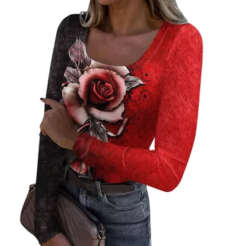 Женская модная футболка с приталенным низом, повседневный пуловер с U-образным вырезом в стиле ретро с цветочным принтом, топ с длинным рукавом, женская модная блузка, футболка 2023 года