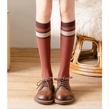  Чулки на голени для девочек, зимние женские носки до колена, утолщающие ногу, Тонкие Носки выше колена, более теплый цвет в полоску