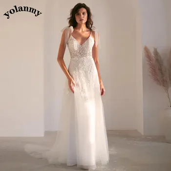  Богемное свадебное платье YOLANMY на тонких бретельках с лентами и аппликацией без спинки, Свадебное платье для Помолвки на заказ