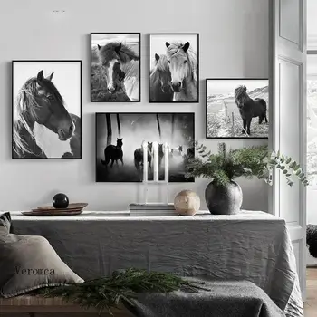  Черно-белая картина Лошади Животные Холст Настенный плакат Современный домашний декор комнаты Картина для дизайна интерьера дома без рамки