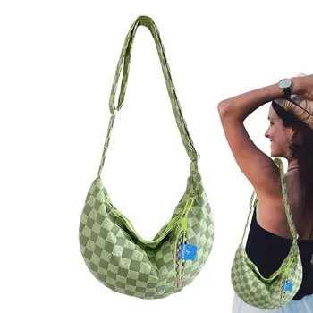  Клетчатая сумка-полумесяц, женская сумка через плечо на молнии в форме полумесяца, легкая нейлоновая сумка через плечо, повседневная сумка-полумесяц.