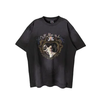  Винтажная футболка с серпом и крестом Святого Михаила на Хай-стрит, Мужская, женская, с повреждением 1: 1, негабаритная футболка в стиле ретро, винтажная, выстиранная