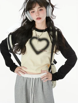  Винтажная футболка с принтом в виде сердца, женские Весенние топы с длинным рукавом и круглым вырезом, облегающий крой, Корейская мода, укороченный топ в стиле Опрятный стиль, Милые повседневные футболки