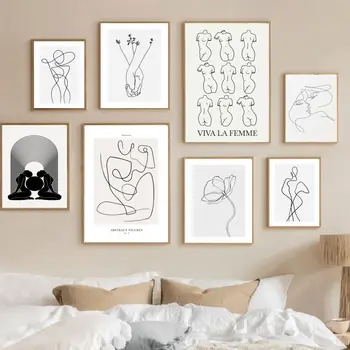  Рисование линий женского тела Настенное искусство Холст Картина Бохо Декор Плакат Пара, держащаяся за руки Печать изображения Богемное Простое произведение искусства