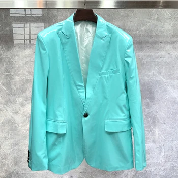 Осенний мужской высококачественный пиджак из мягкой лаково-кожаной куртки, мужской Многоцветный зеркально-яркий кожаный блейзер на заказ для ночного клуба