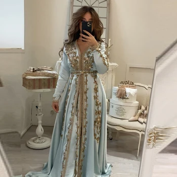  Синий Марокканский Кафтан, Кружевное Свадебное вечернее платье с бисером, Праздничное вечернее платье на заказ, Новое поступление EV122