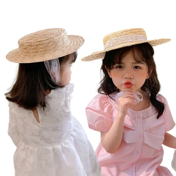  Соломенная шляпа для маленьких девочек F62D, Рыбацкая солнцезащитная кепка-ведро ручной работы, летняя кепка-козырек