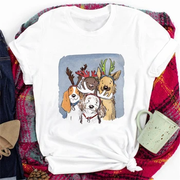  Женская футболка с рисунком рождественской собаки, женская футболка с принтом счастья, женская футболка с рождественским рисунком 90-х, женская футболка с рисунком 90-х годов.