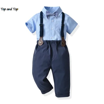  модные комплекты одежды для маленьких мальчиков и джентльменов, Топы с коротким рукавом и галстуком-бабочкой + Комбинезоны, Брюки, Повседневная одежда для мальчиков, Su