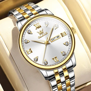  Классические кварцевые часы роскошного бренда OLEVS, Еженедельный календарь, Светящийся Водонепроницаемый Модный Мужской ремешок из нержавеющей стали 5525